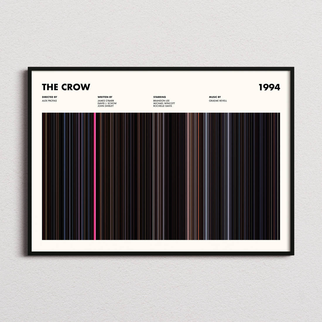 The Crow Movie Barcode Poster framed and photographed straight on