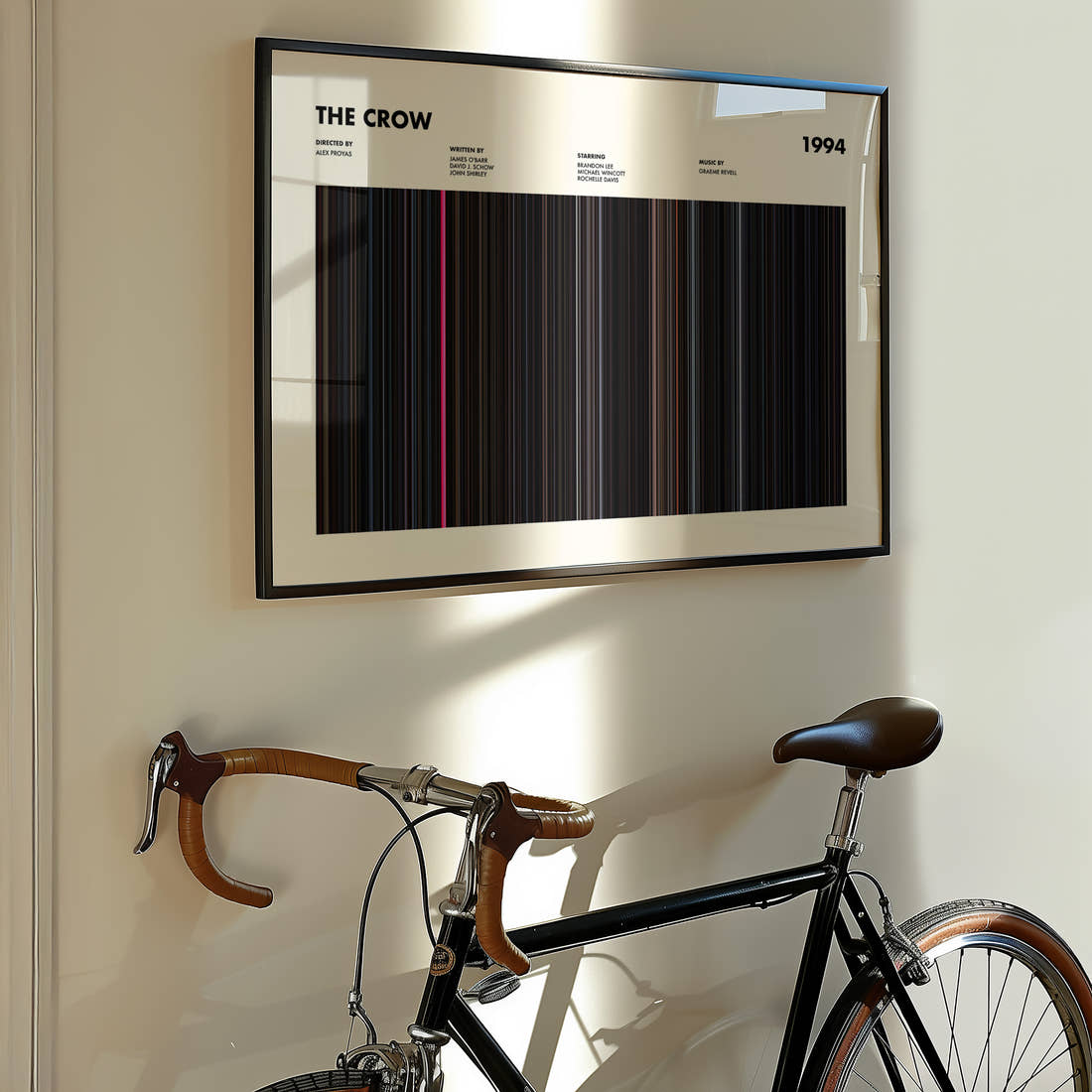 The Crow Movie Barcode Poster framed on the wall of a styled room setting