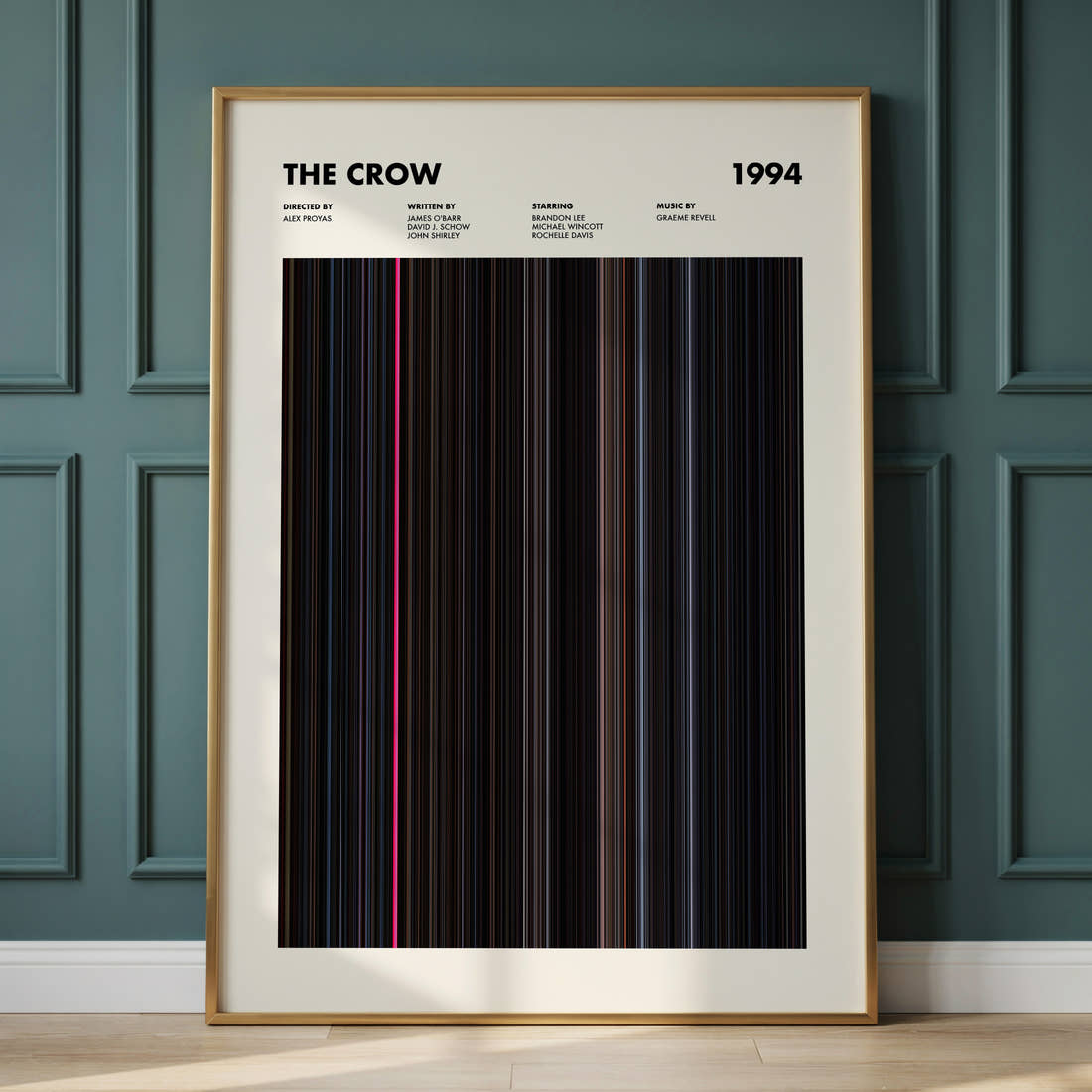 The Crow Movie Barcode Poster framed and leaning against a panelled wall