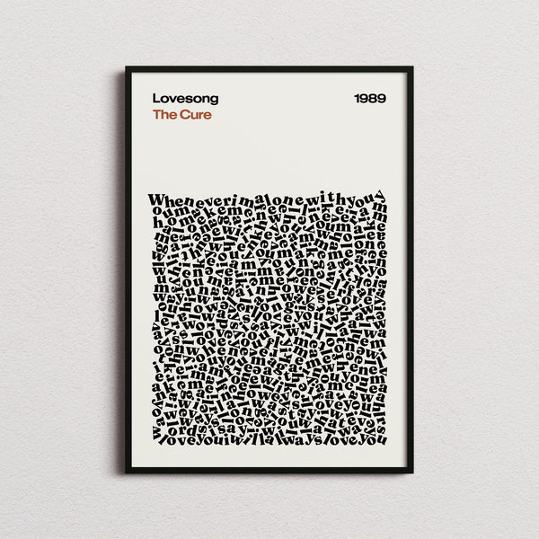 The Cure Lovesong Lyric Print in the cream colourway, framed