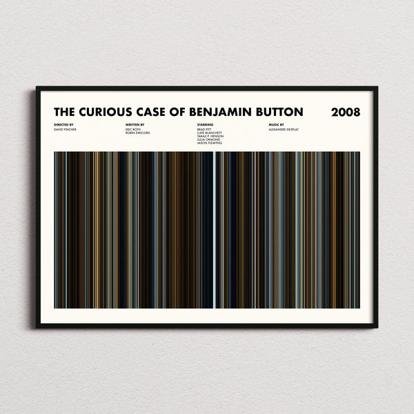The Curious Case of Benjamin Button Movie Barcode Poster framed and photographed straight on
