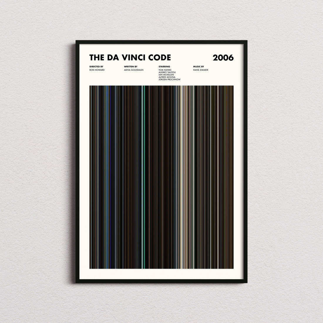 The Da Vinci Code Movie Barcode Poster framed on a plain studio wall