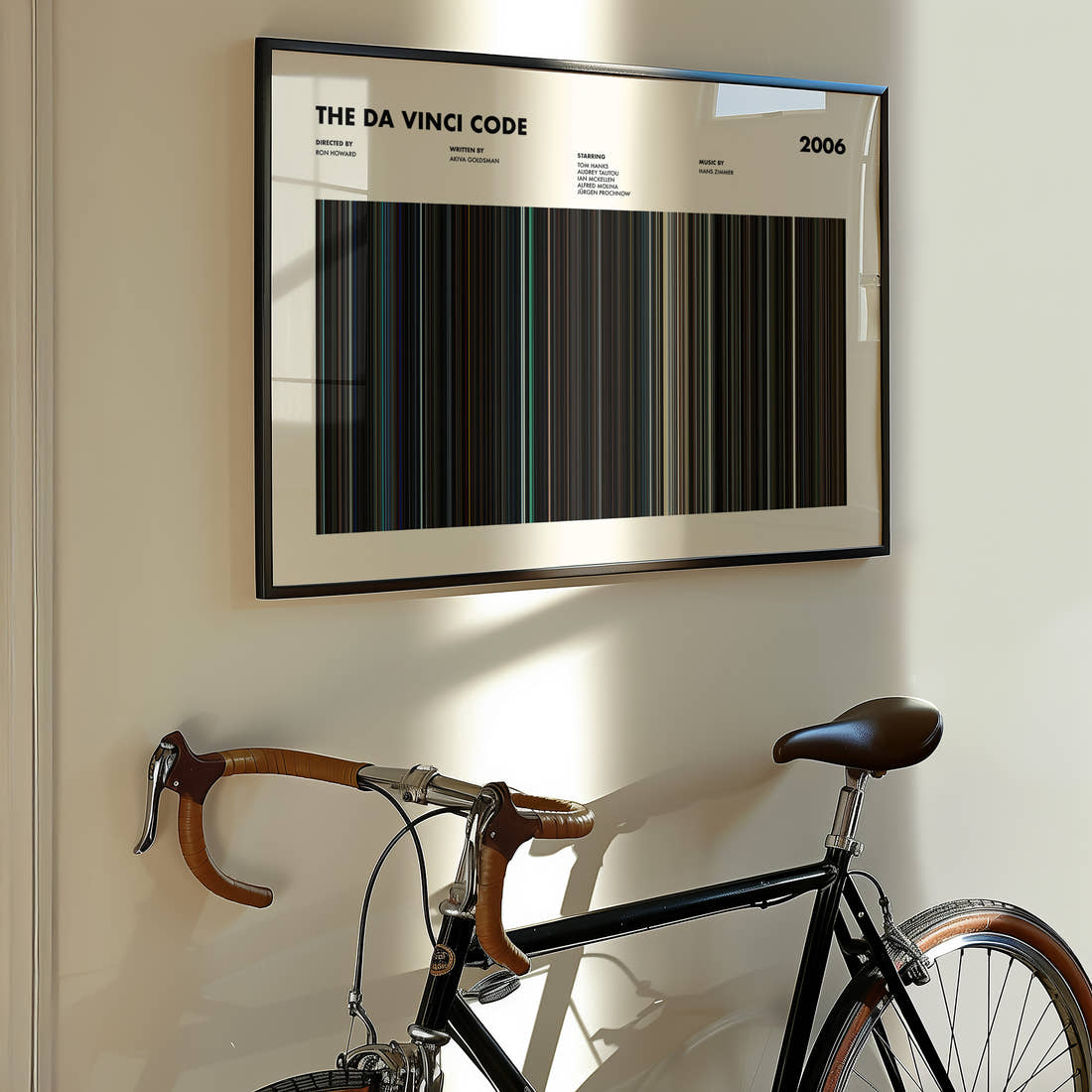 The Da Vinci Code Movie Barcode Poster framed on the wall of a styled room setting
