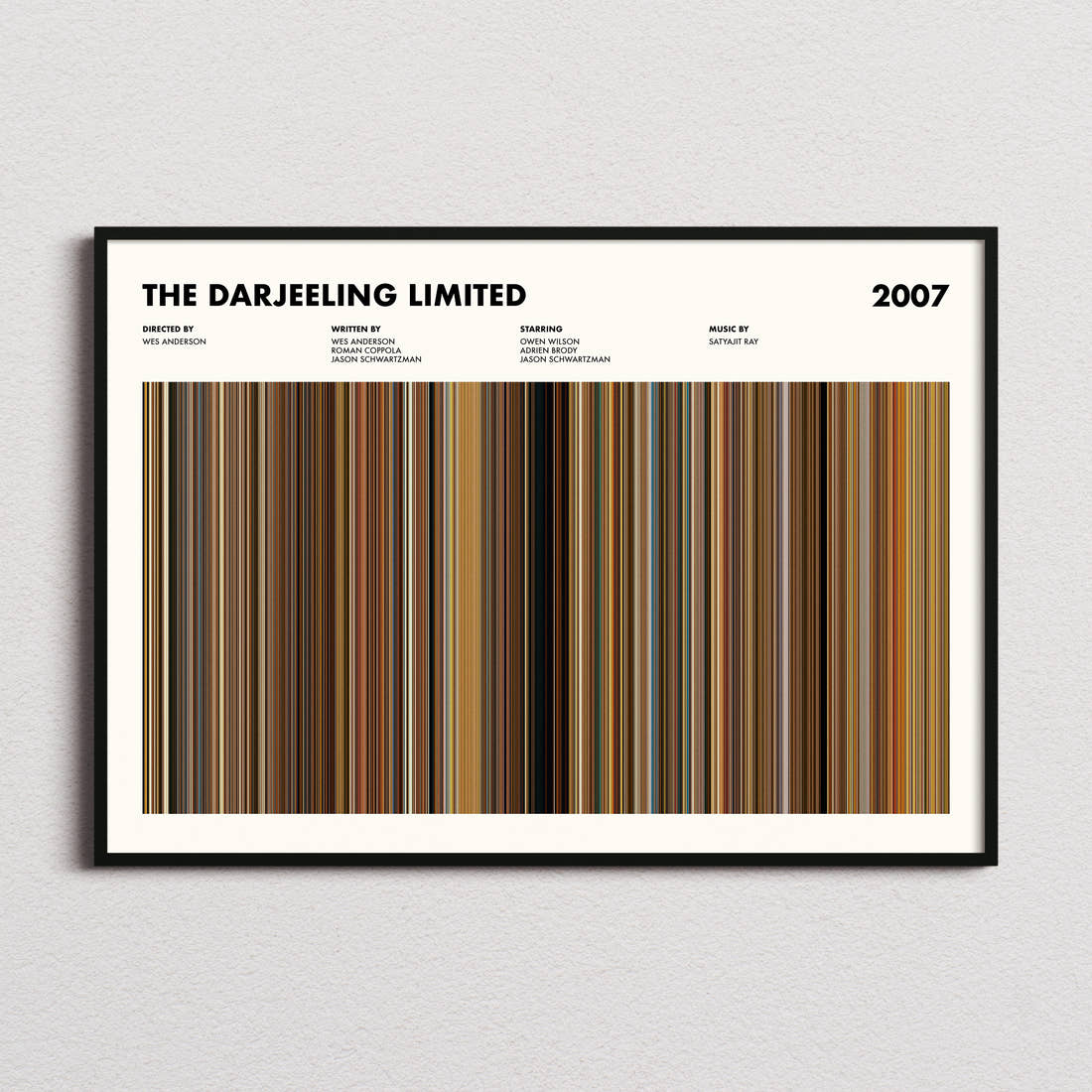 The Darjeeling Limited Movie Barcode Poster framed and photographed straight on