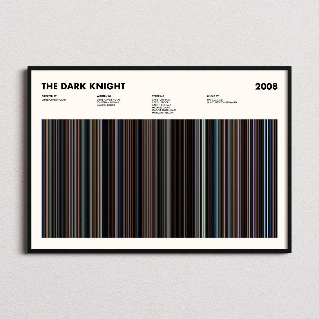 The Dark Knight Movie Barcode Poster framed and photographed straight on