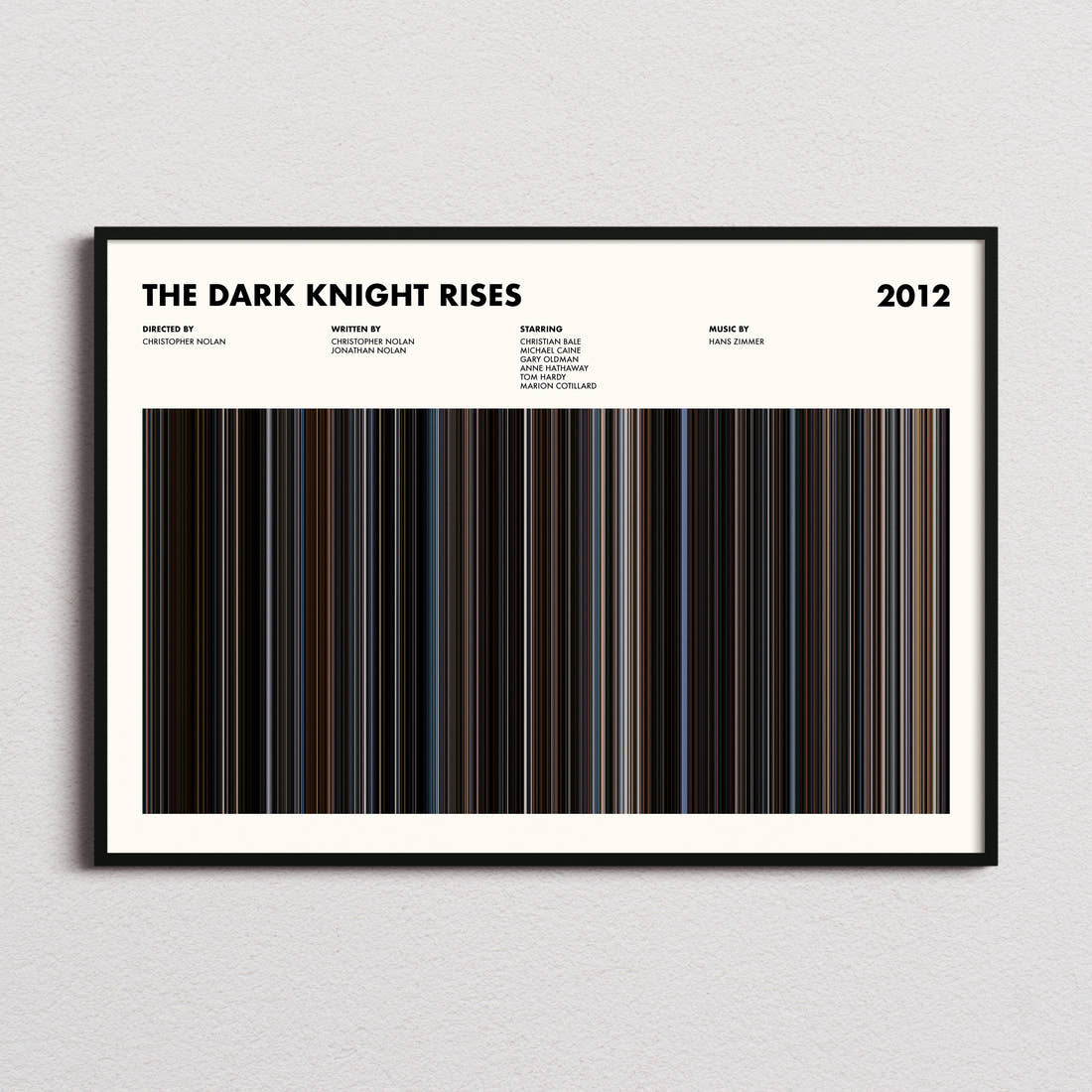 The Dark Knight Rises Movie Barcode Poster framed and photographed straight on