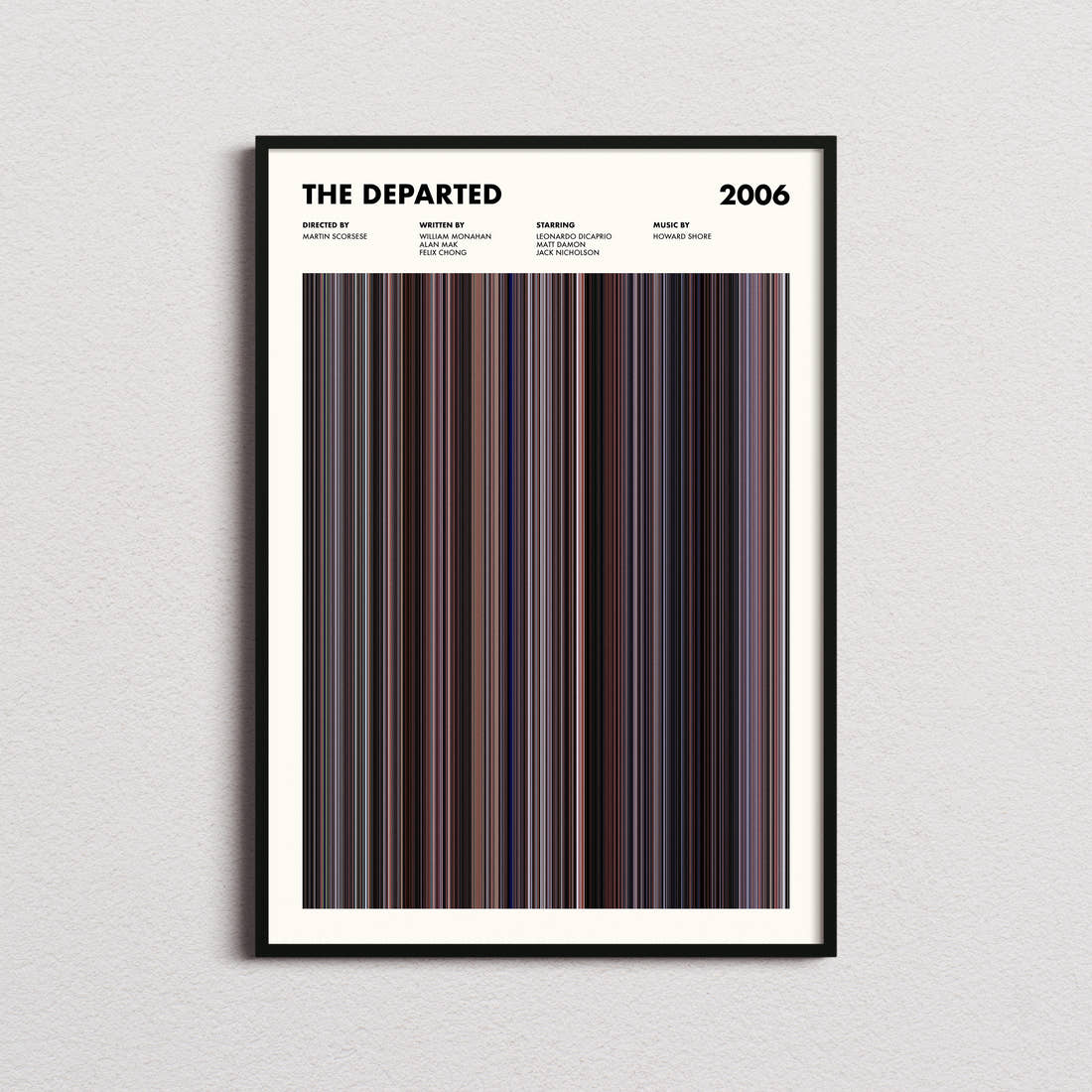 The Departed Movie Barcode Poster framed on a plain studio wall
