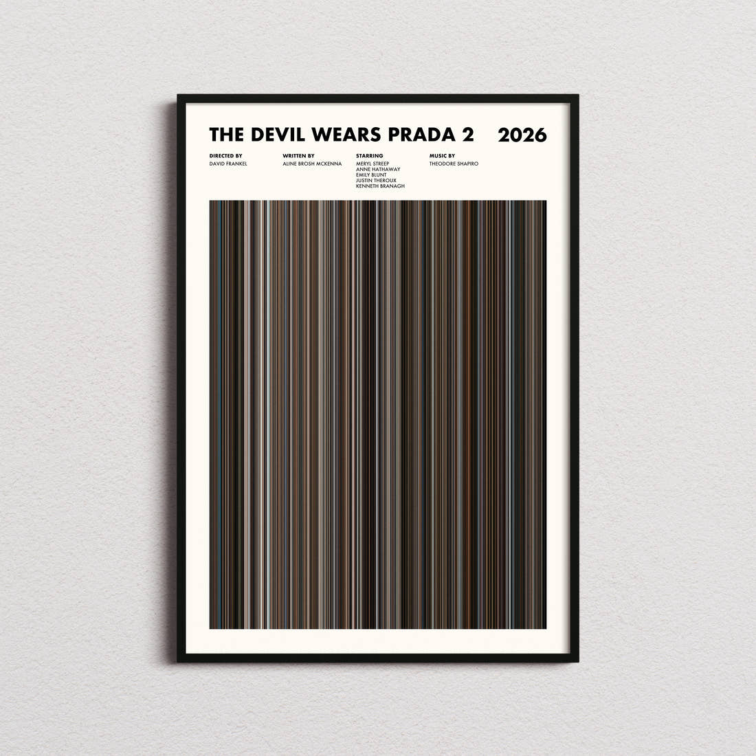 The Devil Wears Prada 2 Movie Barcode Poster framed on a plain studio wall