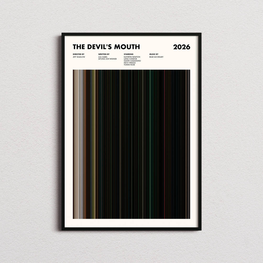 The Devil's Mouth Movie Barcode Poster framed on a plain studio wall