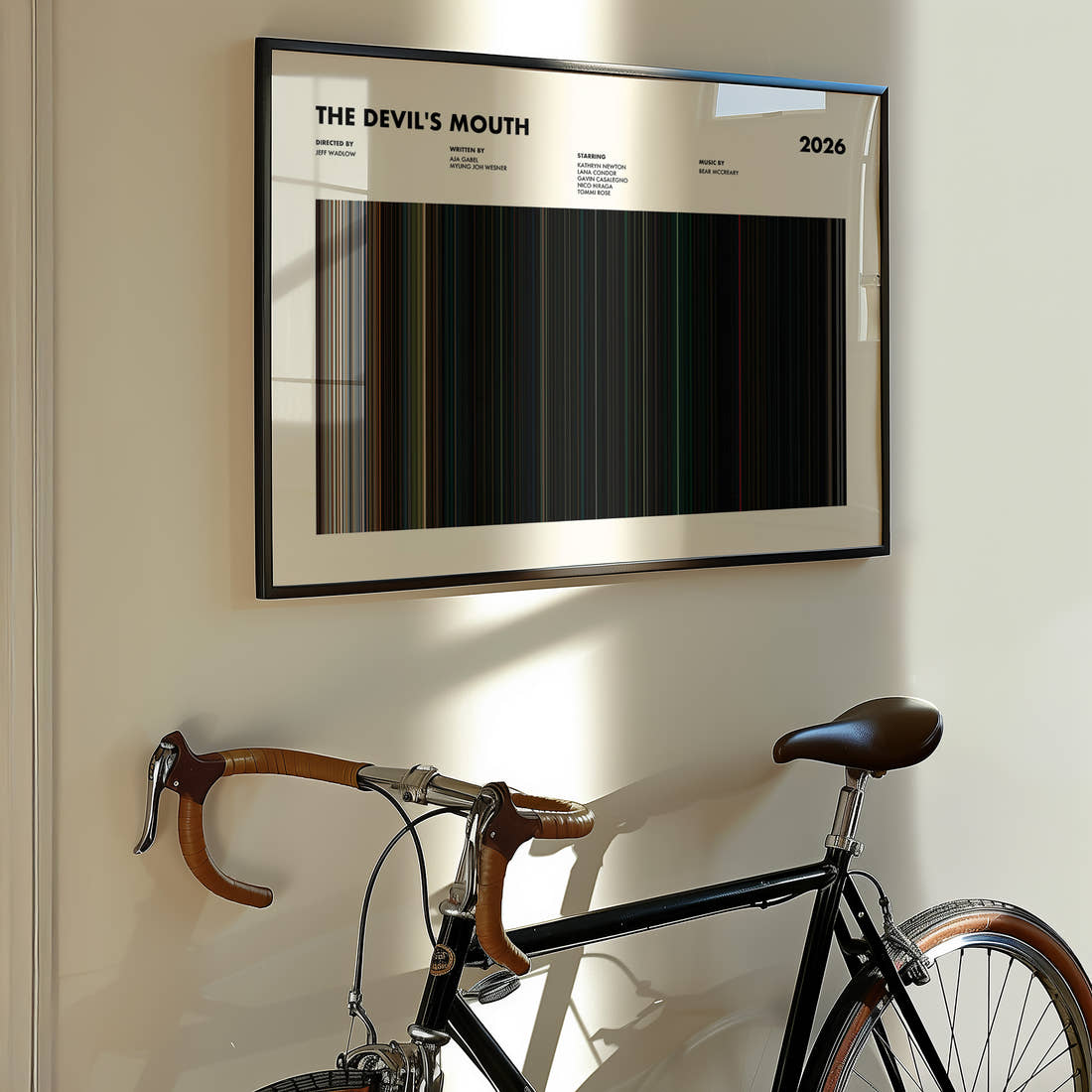 The Devil's Mouth Movie Barcode Poster framed on the wall of a styled room setting