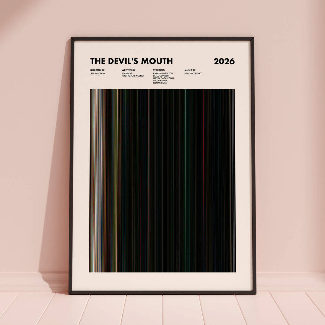 The Devil's Mouth Movie Barcode Poster framed and leaning against a coloured wall