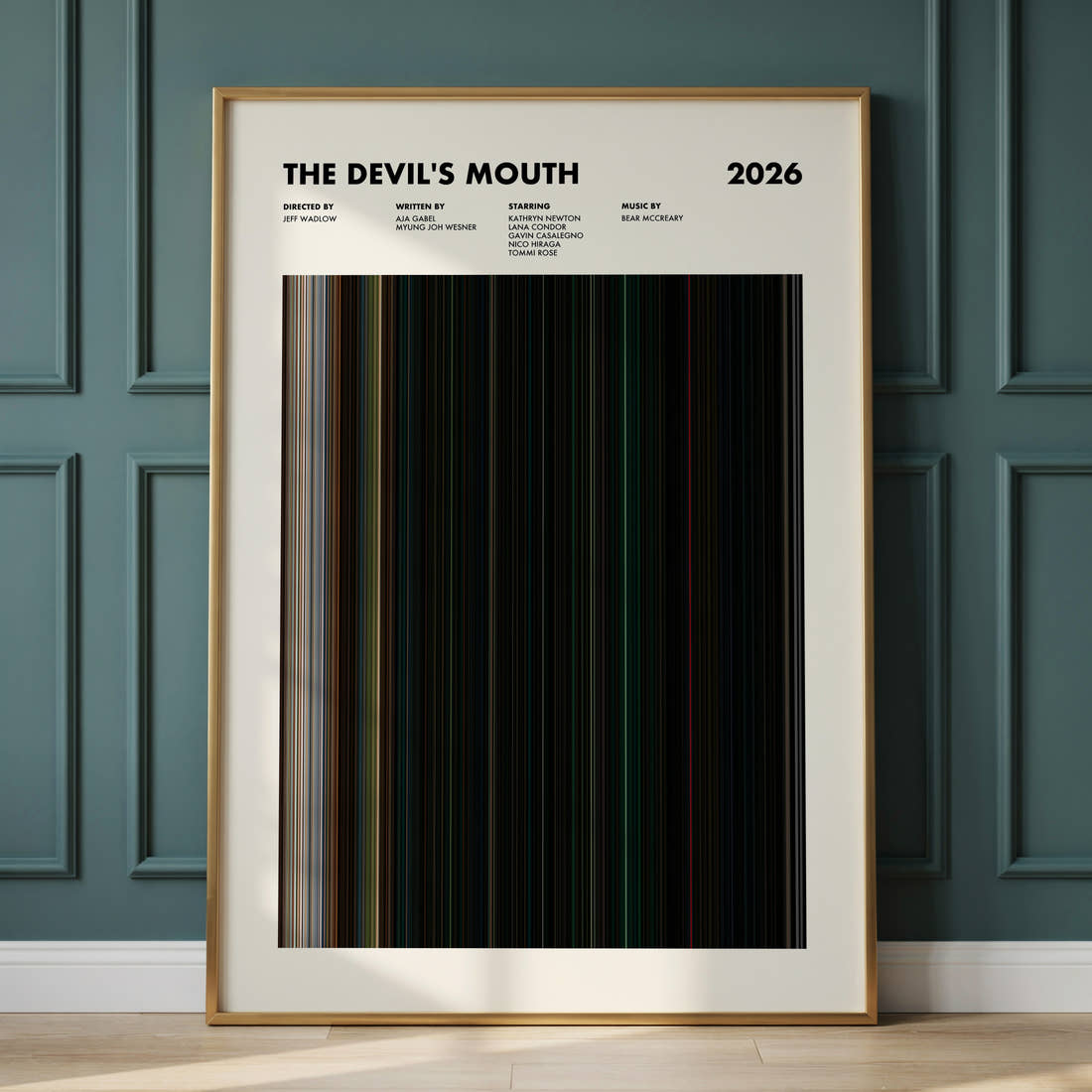 The Devil's Mouth Movie Barcode Poster framed and leaning against a panelled wall