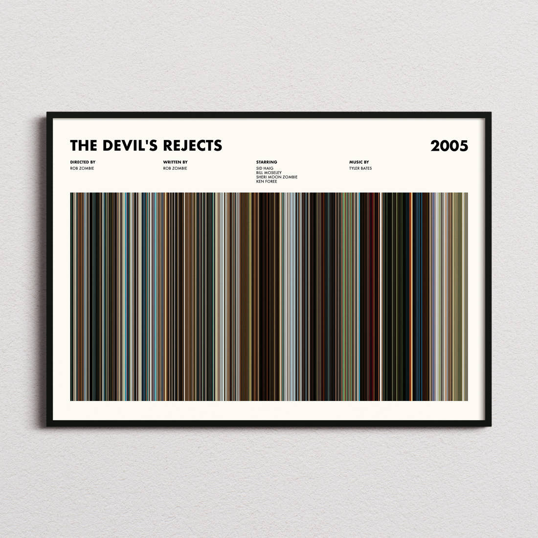 The Devil's Rejects Movie Barcode Poster framed and photographed straight on