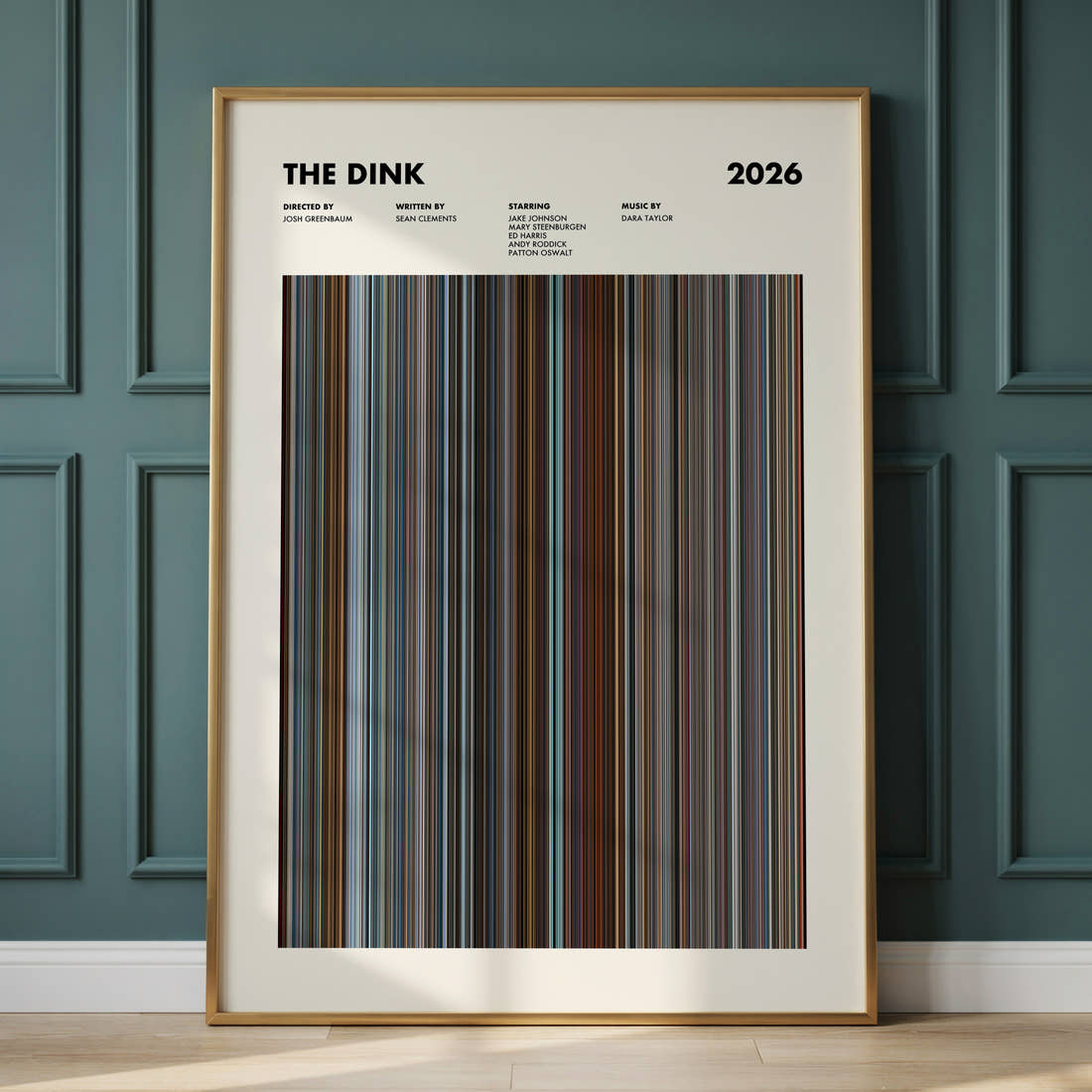 The Dink Movie Barcode Poster framed and leaning against a panelled wall
