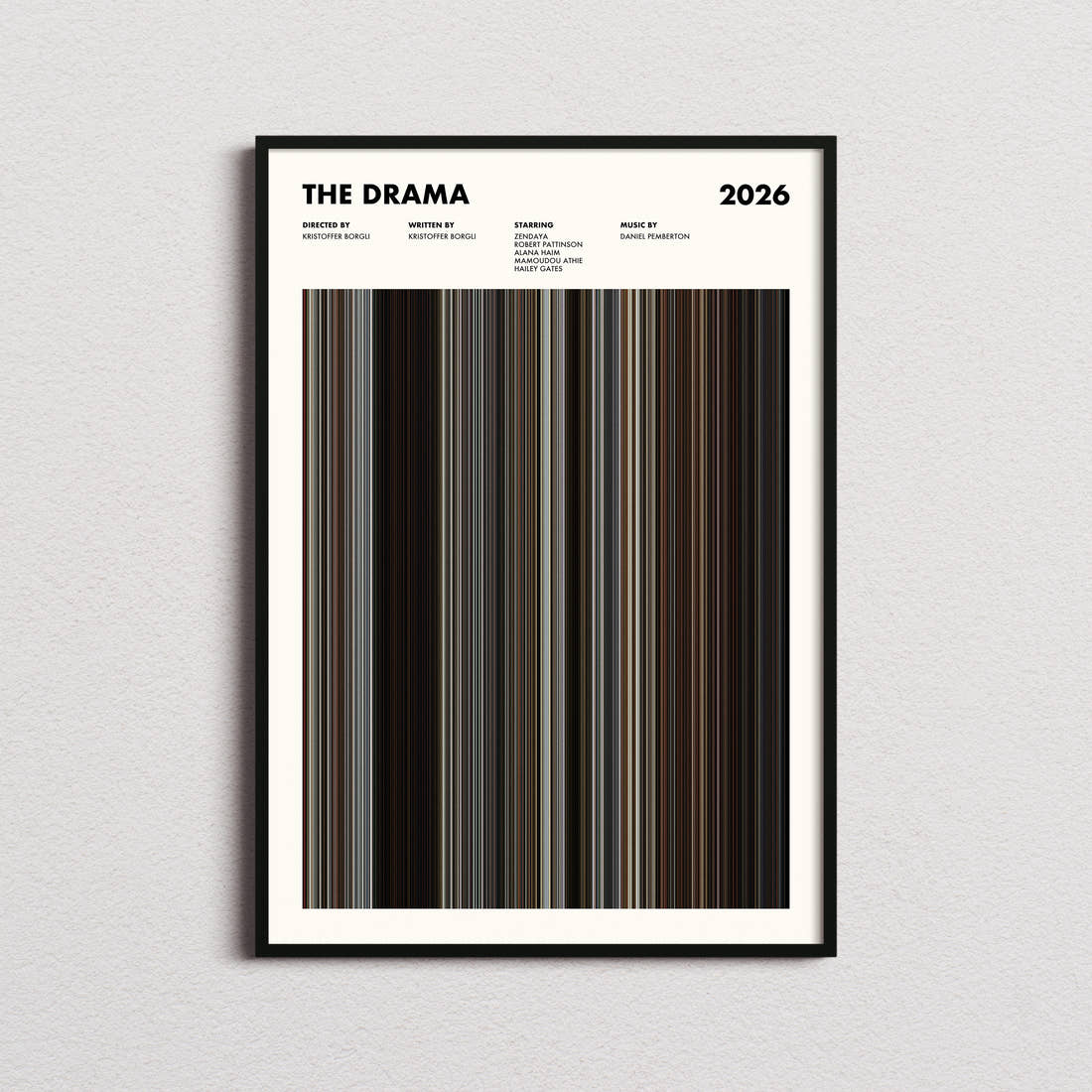 The Drama Movie Barcode Poster framed on a plain studio wall