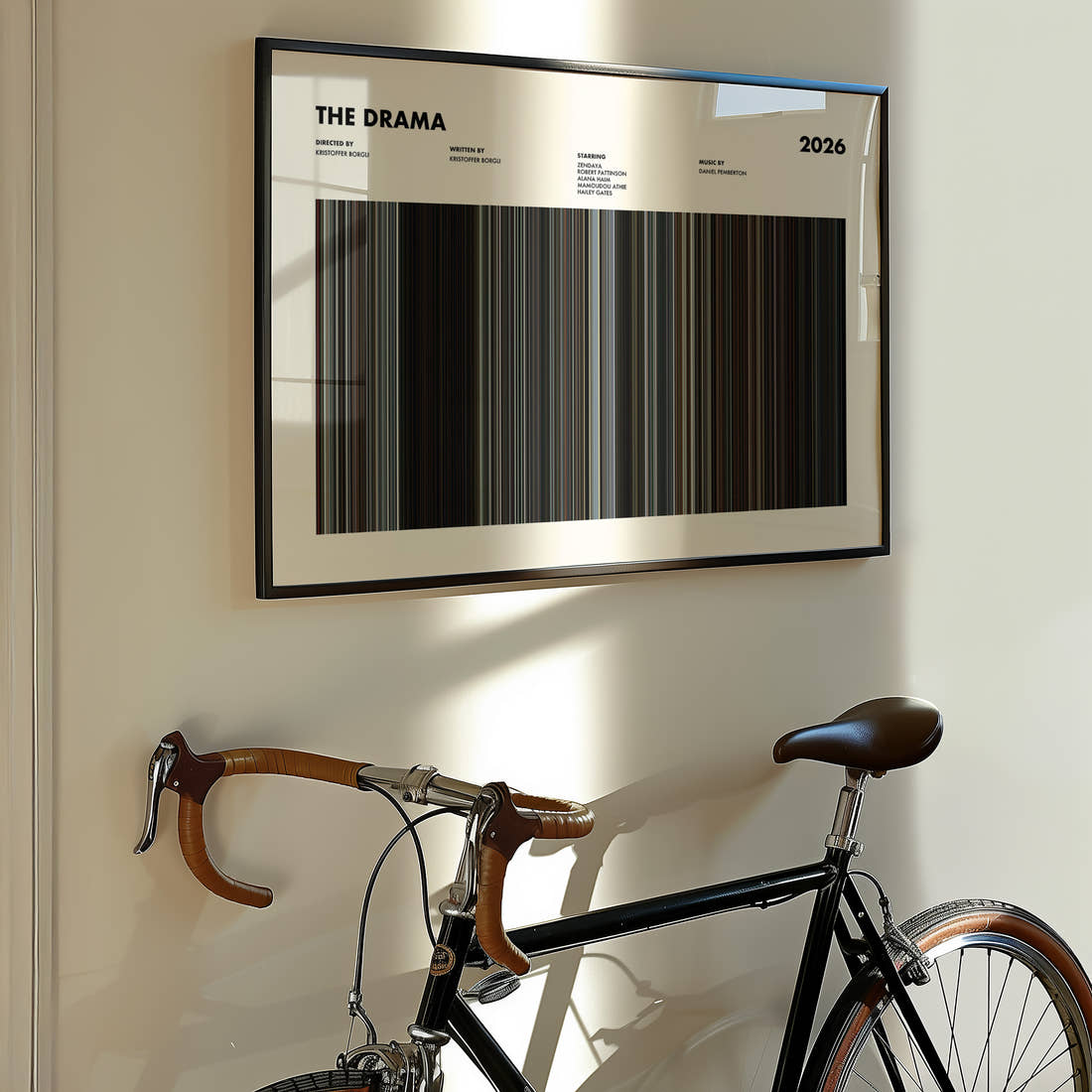 The Drama Movie Barcode Poster framed on the wall of a styled room setting