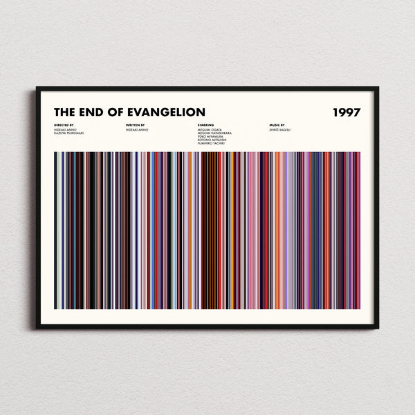 The End of Evangelion Movie Barcode Poster framed and photographed straight on