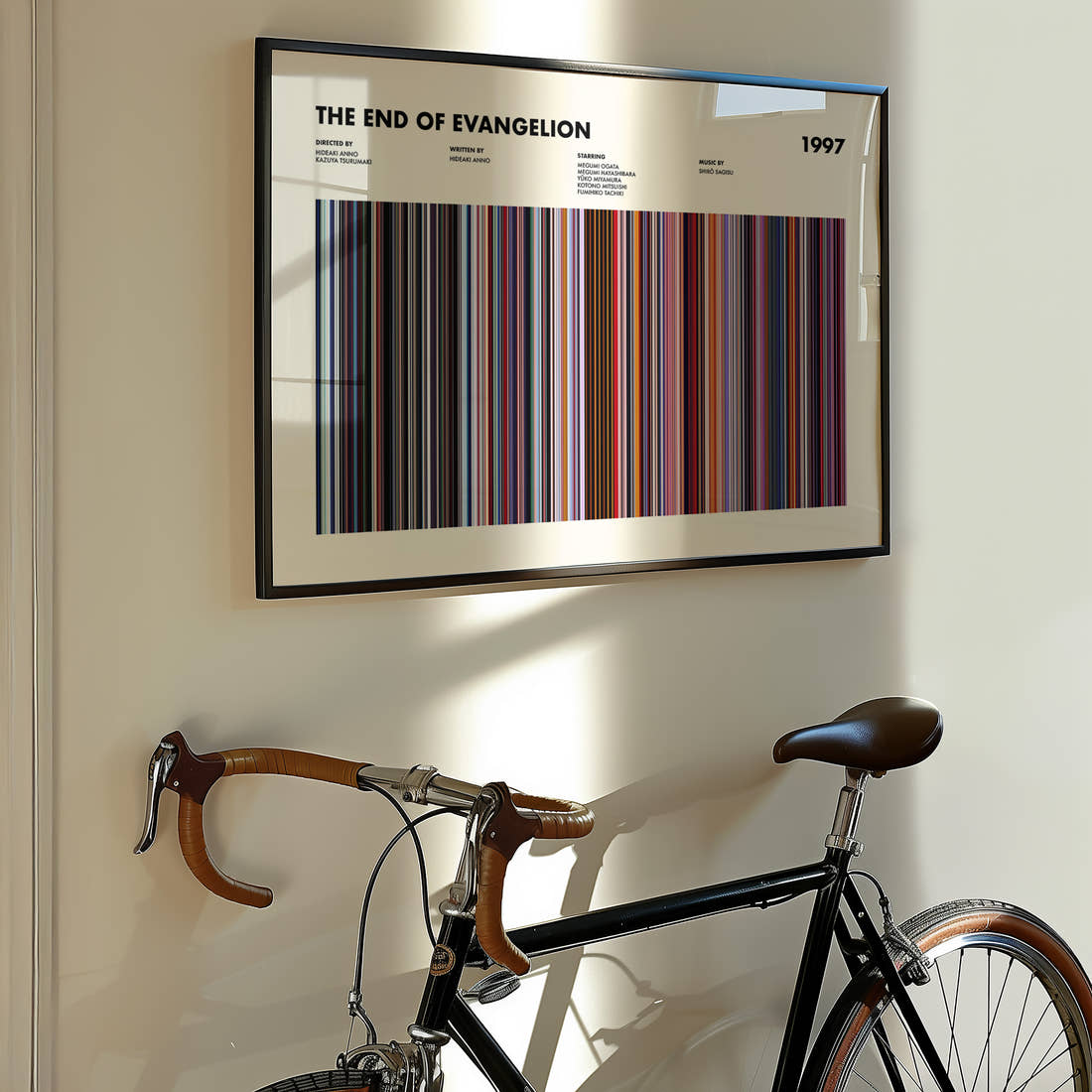 The End of Evangelion Movie Barcode Poster framed on the wall of a styled room setting