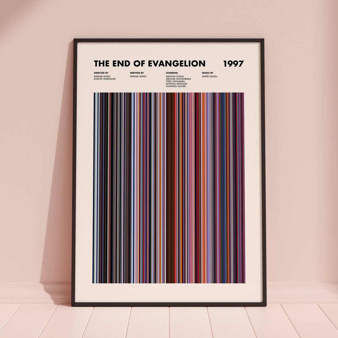 The End of Evangelion Movie Barcode Poster framed and leaning against a coloured wall
