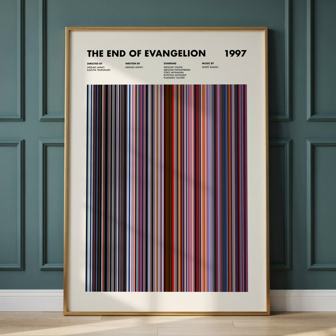 The End of Evangelion Movie Barcode Poster framed and leaning against a panelled wall