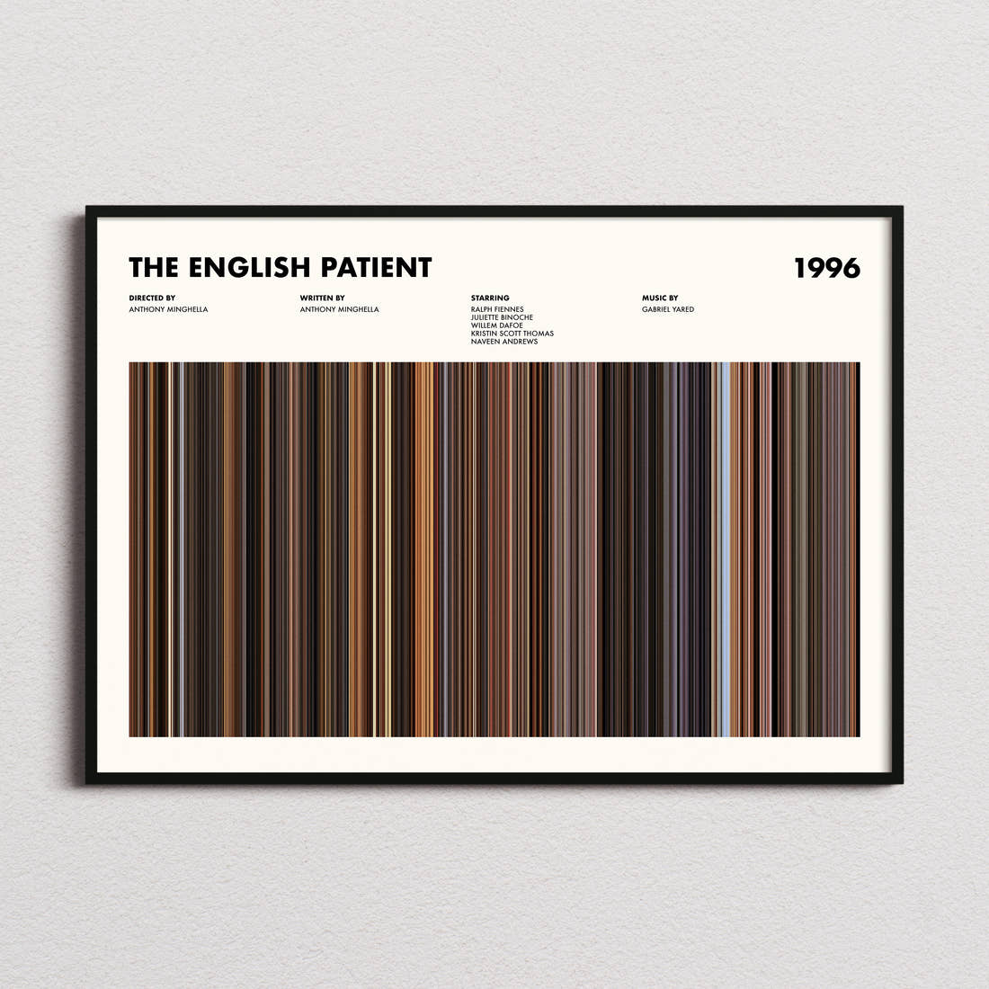 The English Patient Movie Barcode Poster framed and photographed straight on