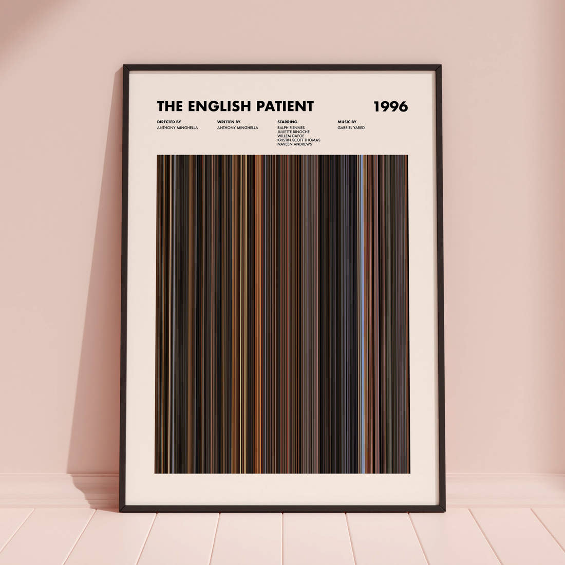 The English Patient Movie Barcode Poster framed and leaning against a coloured wall