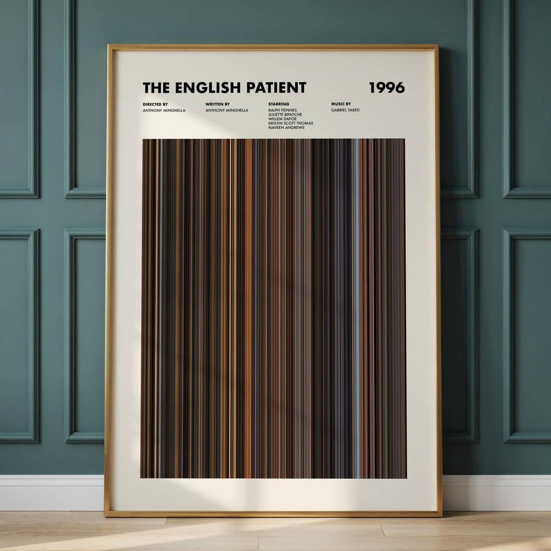 The English Patient Movie Barcode Poster framed and leaning against a panelled wall
