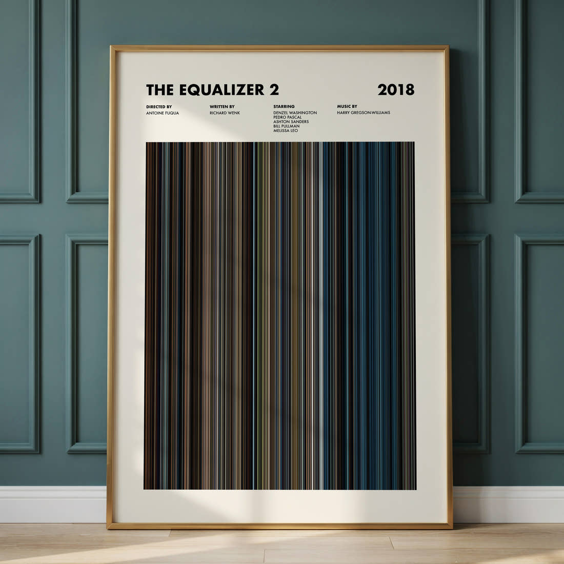 The Equalizer 2 Movie Barcode Poster framed and leaning against a panelled wall