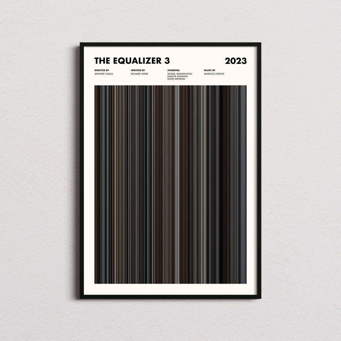 The Equalizer 3 Movie Barcode Poster framed on a plain studio wall