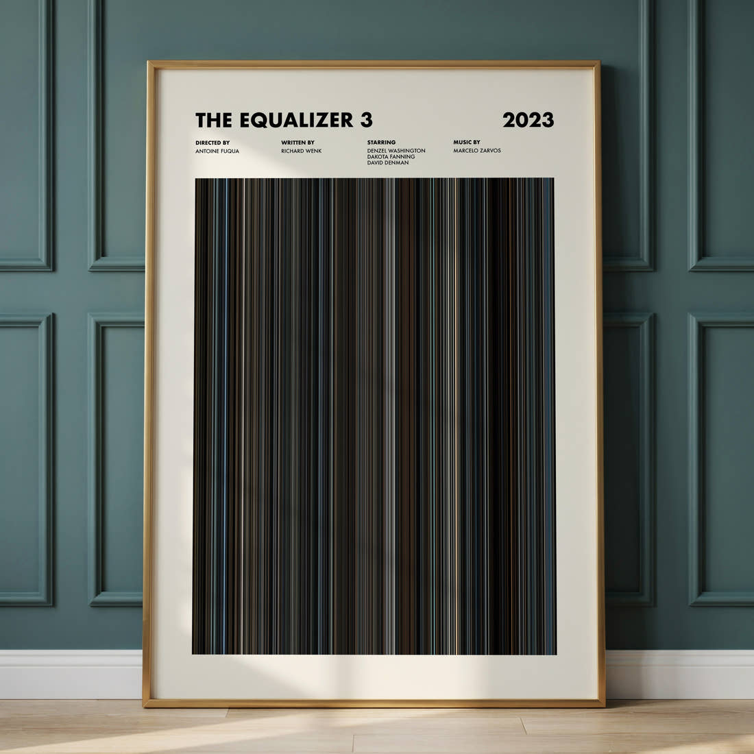 The Equalizer 3 Movie Barcode Poster framed and leaning against a panelled wall