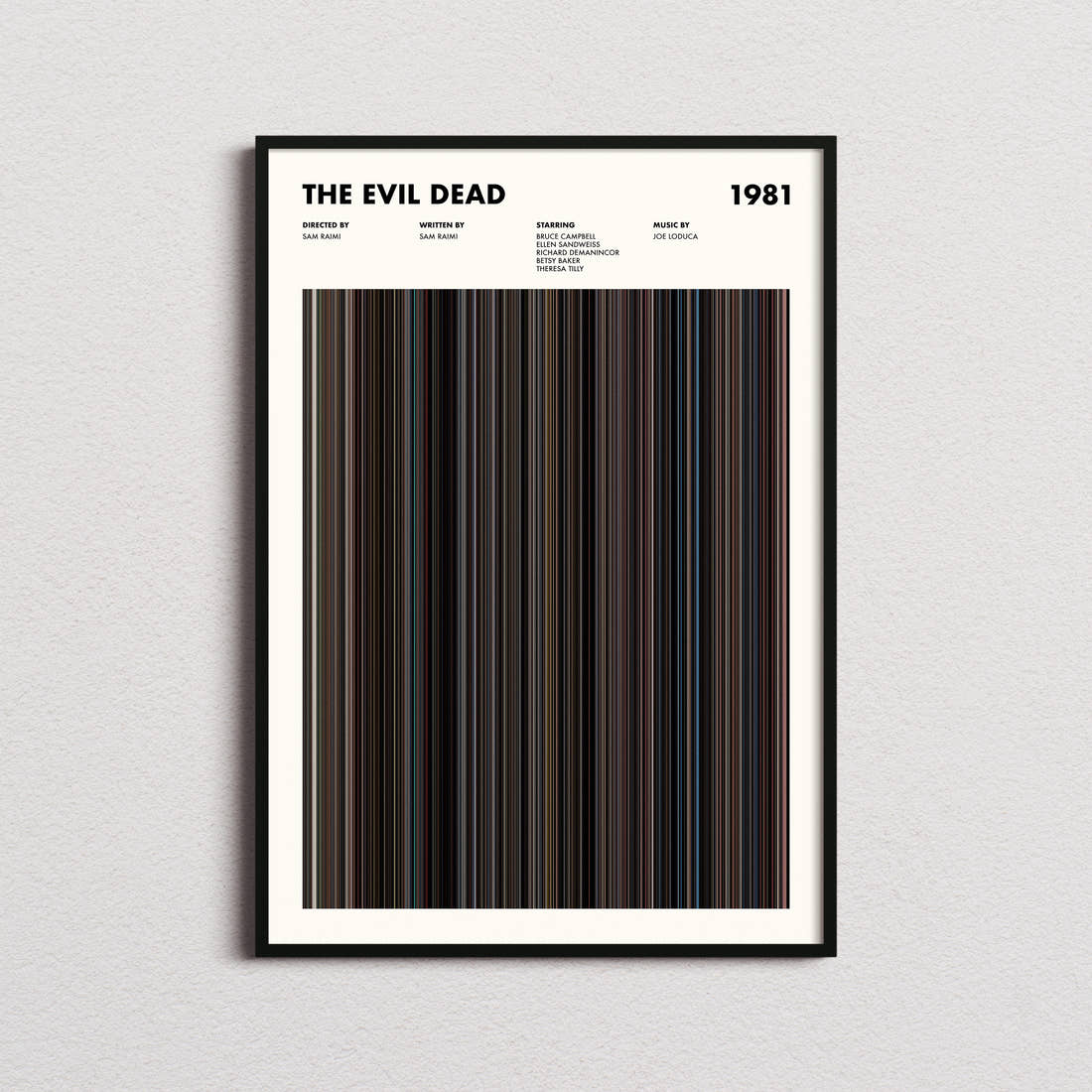 The Evil Dead Movie Barcode Poster framed on a plain studio wall