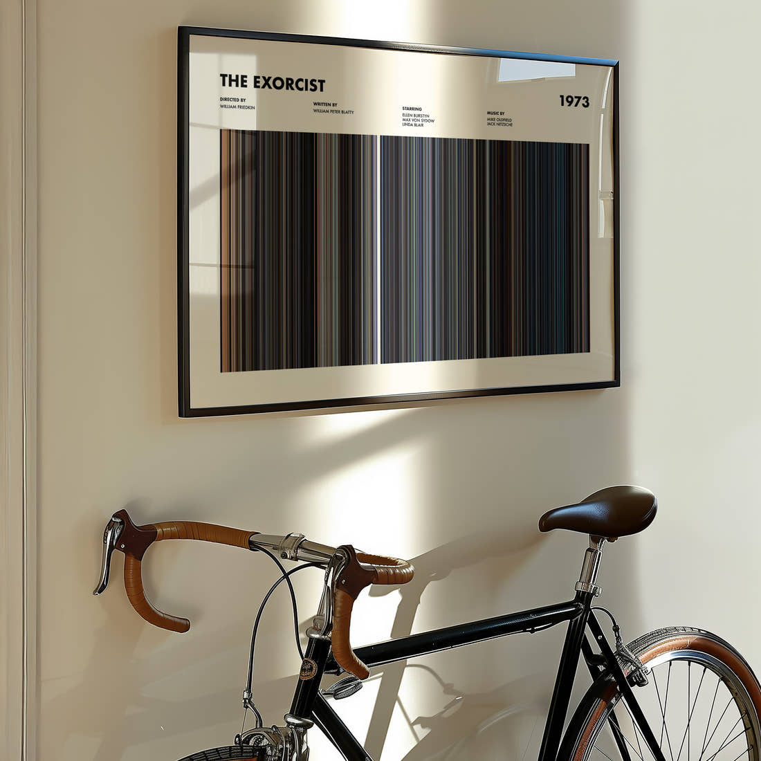 The Exorcist Movie Barcode Poster framed on the wall of a styled room setting
