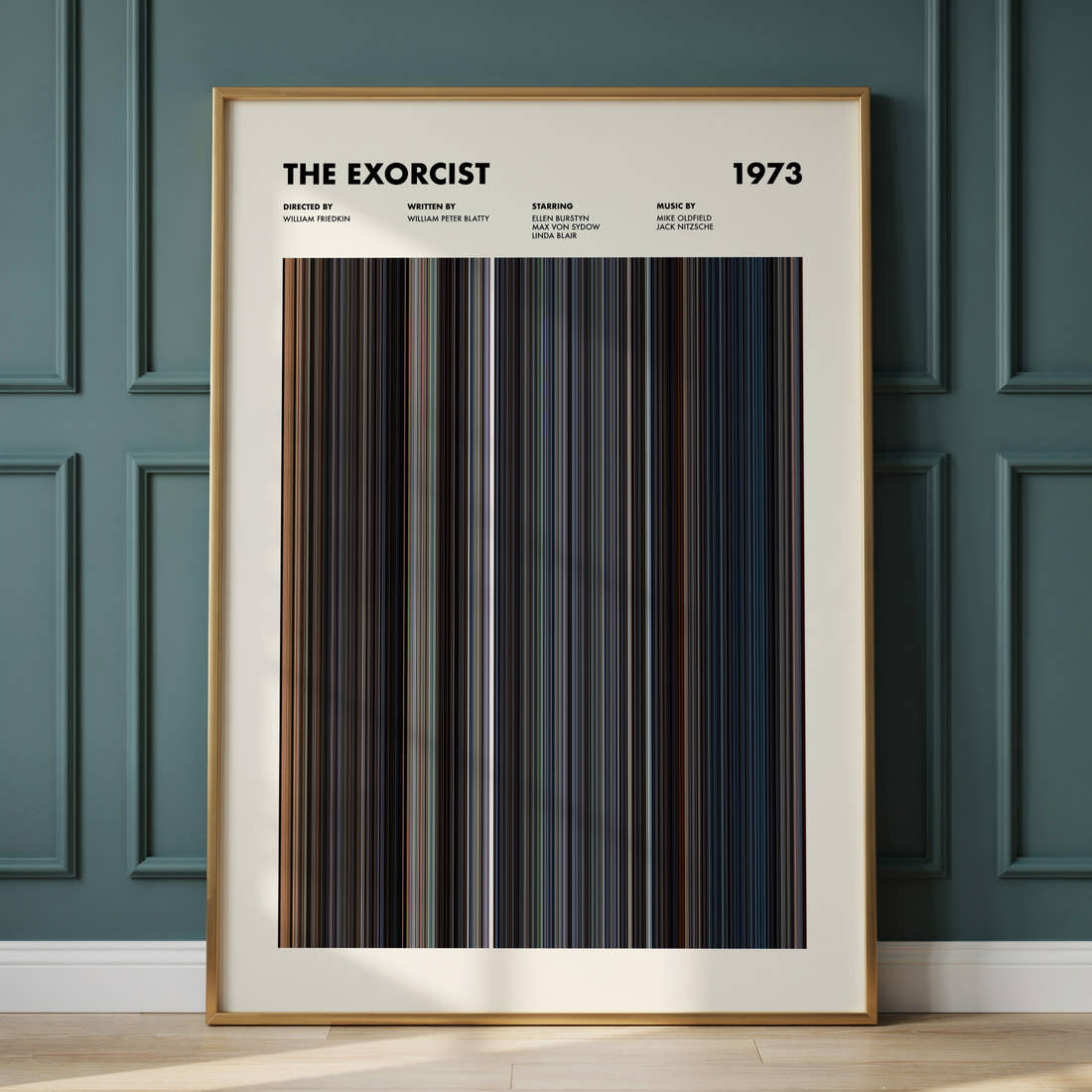 The Exorcist Movie Barcode Poster framed and leaning against a panelled wall