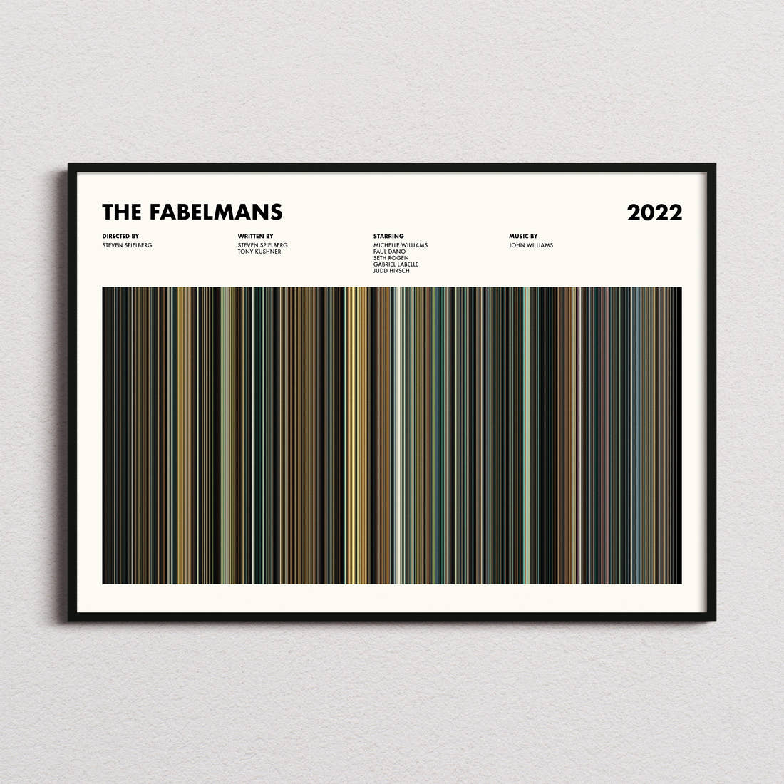 The Fabelmans Movie Barcode Poster framed and photographed straight on