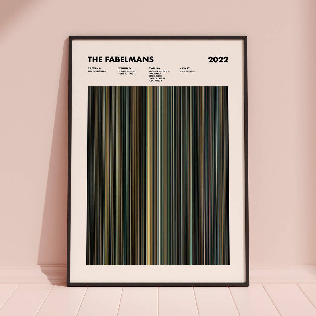 The Fabelmans Movie Barcode Poster framed and leaning against a coloured wall
