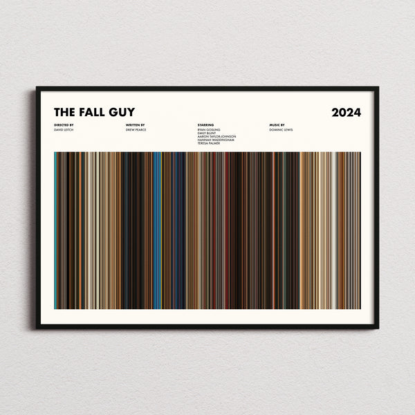 The Fall Guy Movie Barcode Poster framed and photographed straight on
