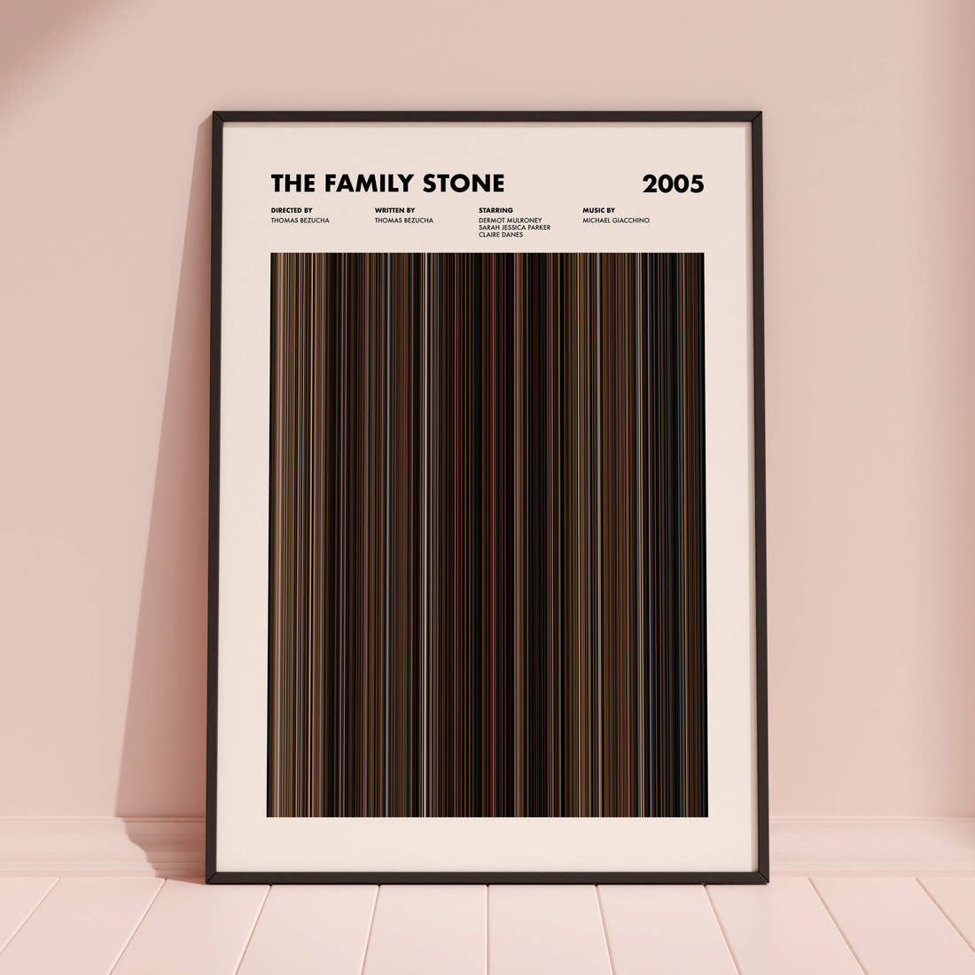 The Family Stone Movie Barcode Poster framed and leaning against a coloured wall