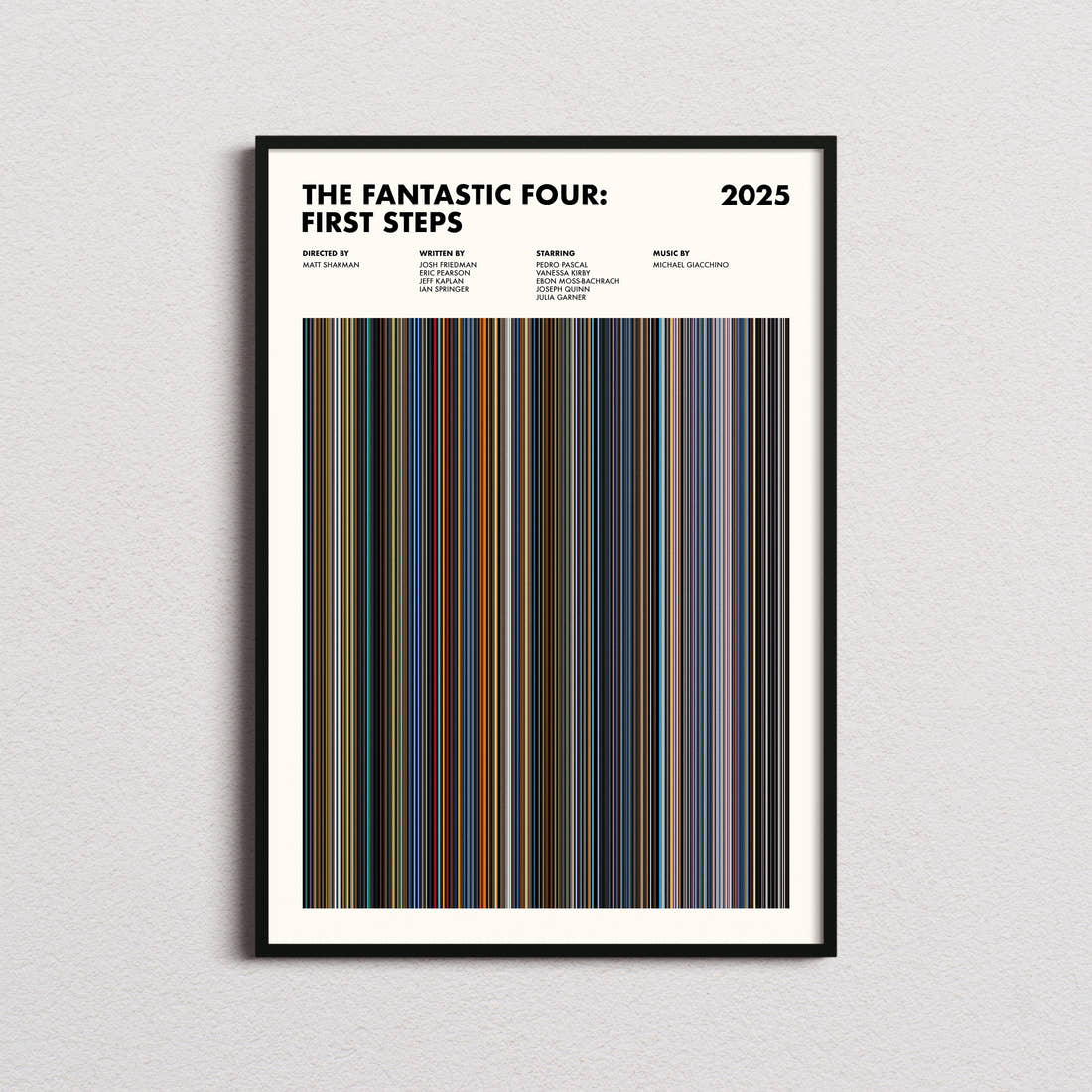 The Fantastic Four: First Steps Movie Barcode Poster framed on a plain studio wall