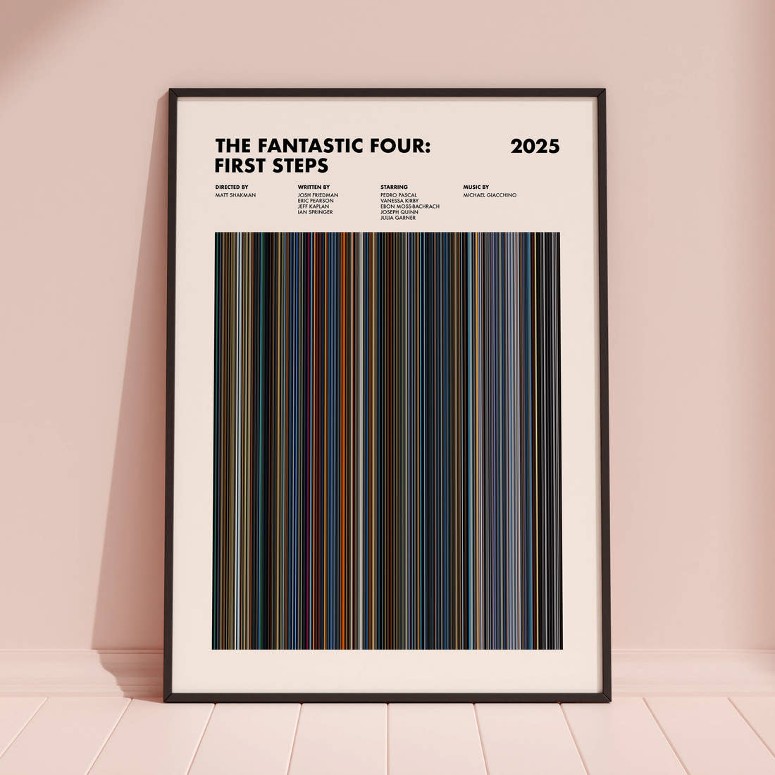 The Fantastic Four: First Steps Movie Barcode Poster framed and leaning against a coloured wall