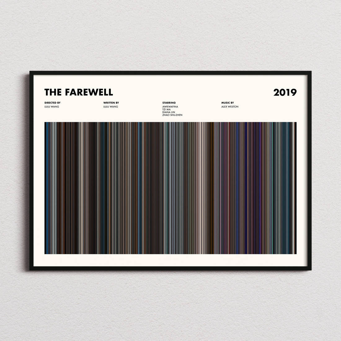 The Farewell Movie Barcode Poster framed and photographed straight on