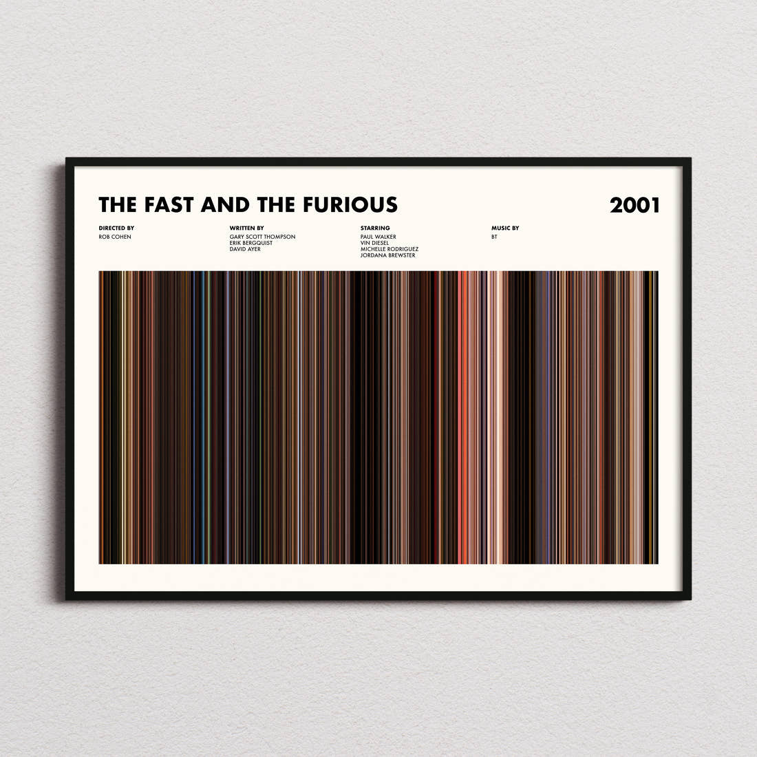 The Fast And The Furious Movie Barcode Poster framed and photographed straight on