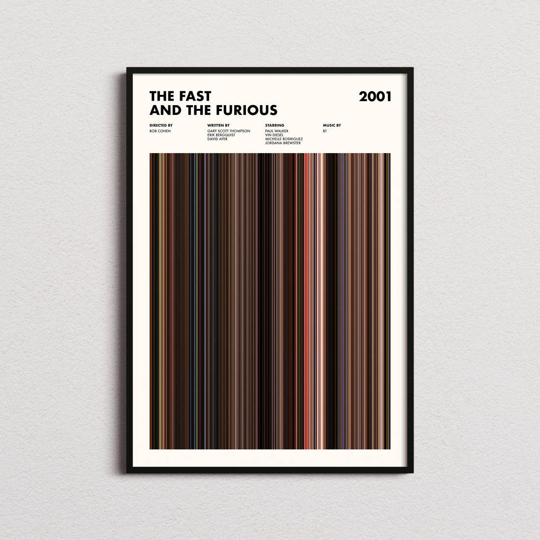 The Fast And The Furious Movie Barcode Poster framed on a plain studio wall