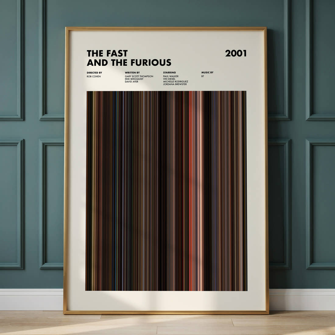 The Fast And The Furious Movie Barcode Poster framed and leaning against a panelled wall