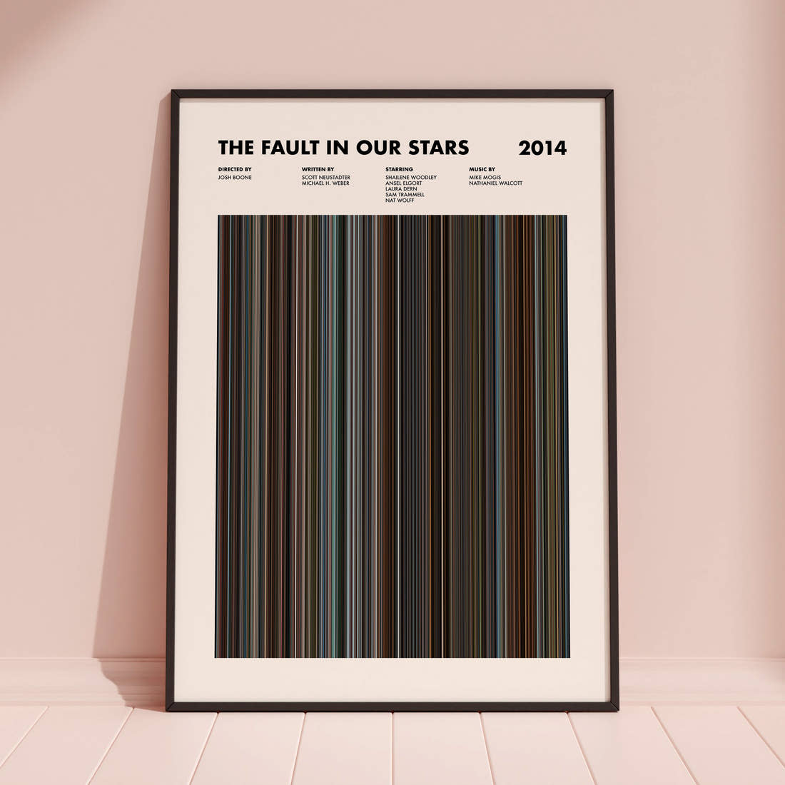 The Fault in Our Stars Movie Barcode Poster framed and leaning against a coloured wall