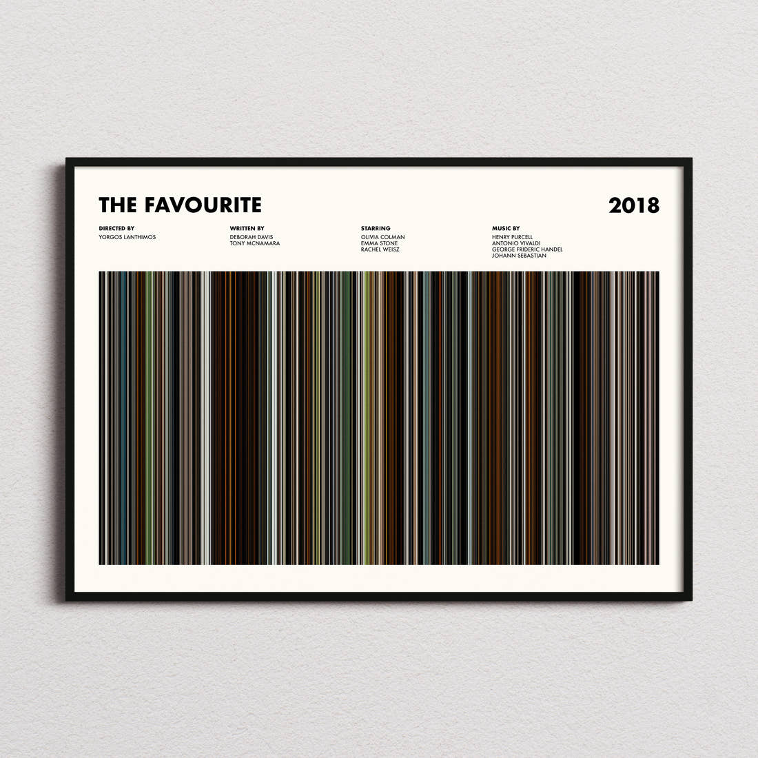 The Favourite Movie Barcode Poster framed and photographed straight on