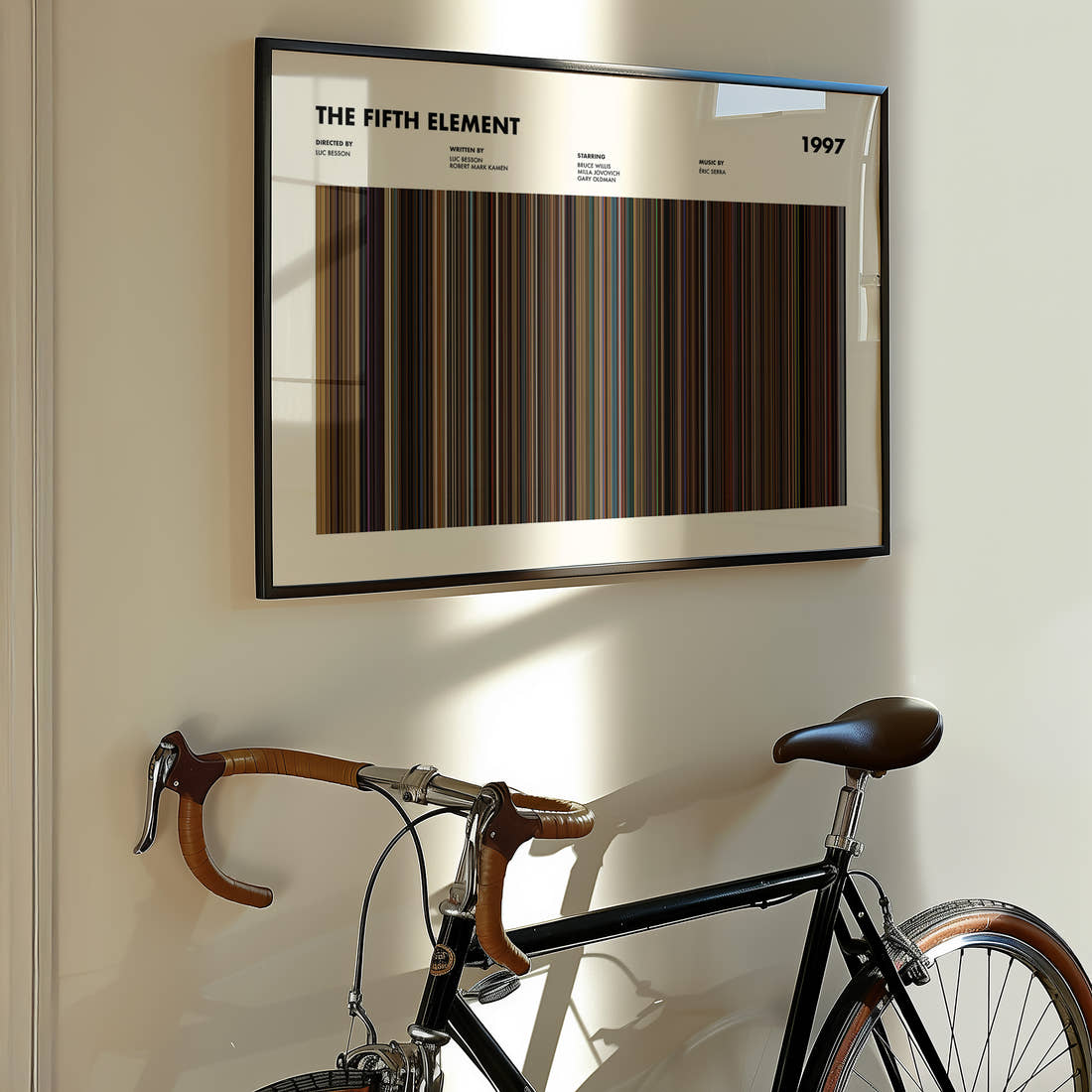 The Fifth Element Movie Barcode Poster framed on the wall of a styled room setting