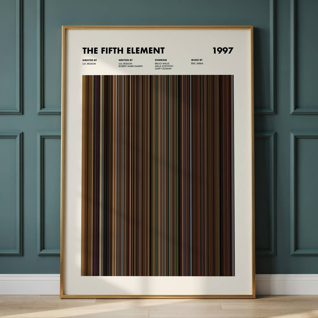 The Fifth Element Movie Barcode Poster framed and leaning against a panelled wall