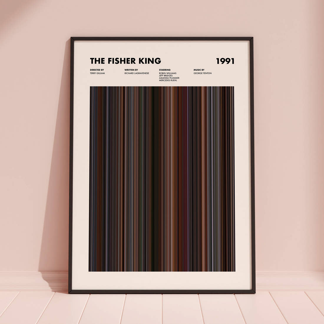The Fisher King Movie Barcode Poster framed and leaning against a coloured wall