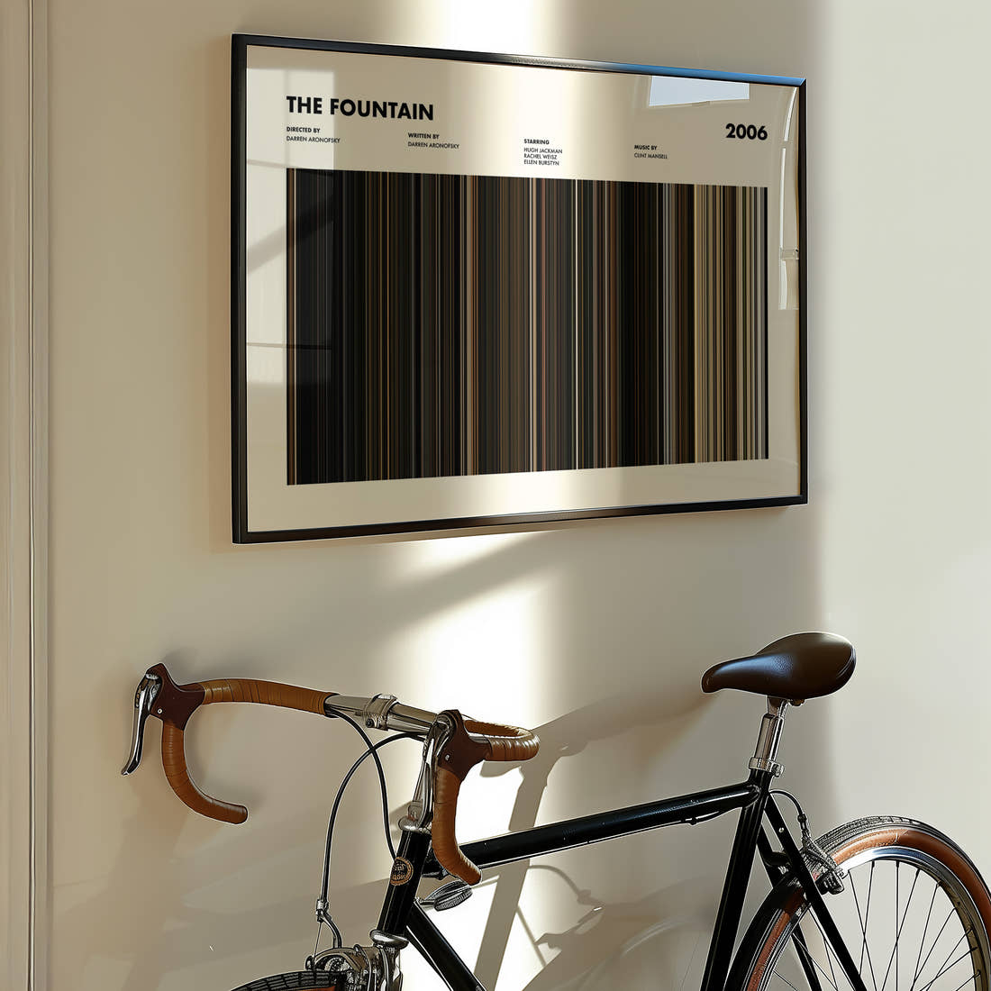 The Fountain Movie Barcode Poster framed on the wall of a styled room setting