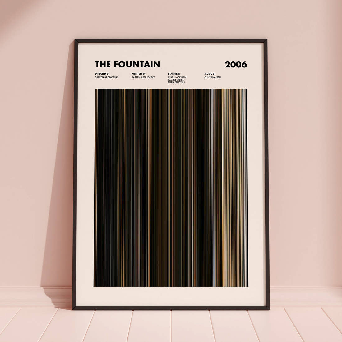 The Fountain Movie Barcode Poster framed and leaning against a coloured wall